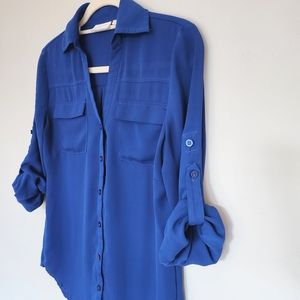 Express Relaxed Fit Front Pocket Portifino Button Up Shirt, Cobalt Blue, Size XS